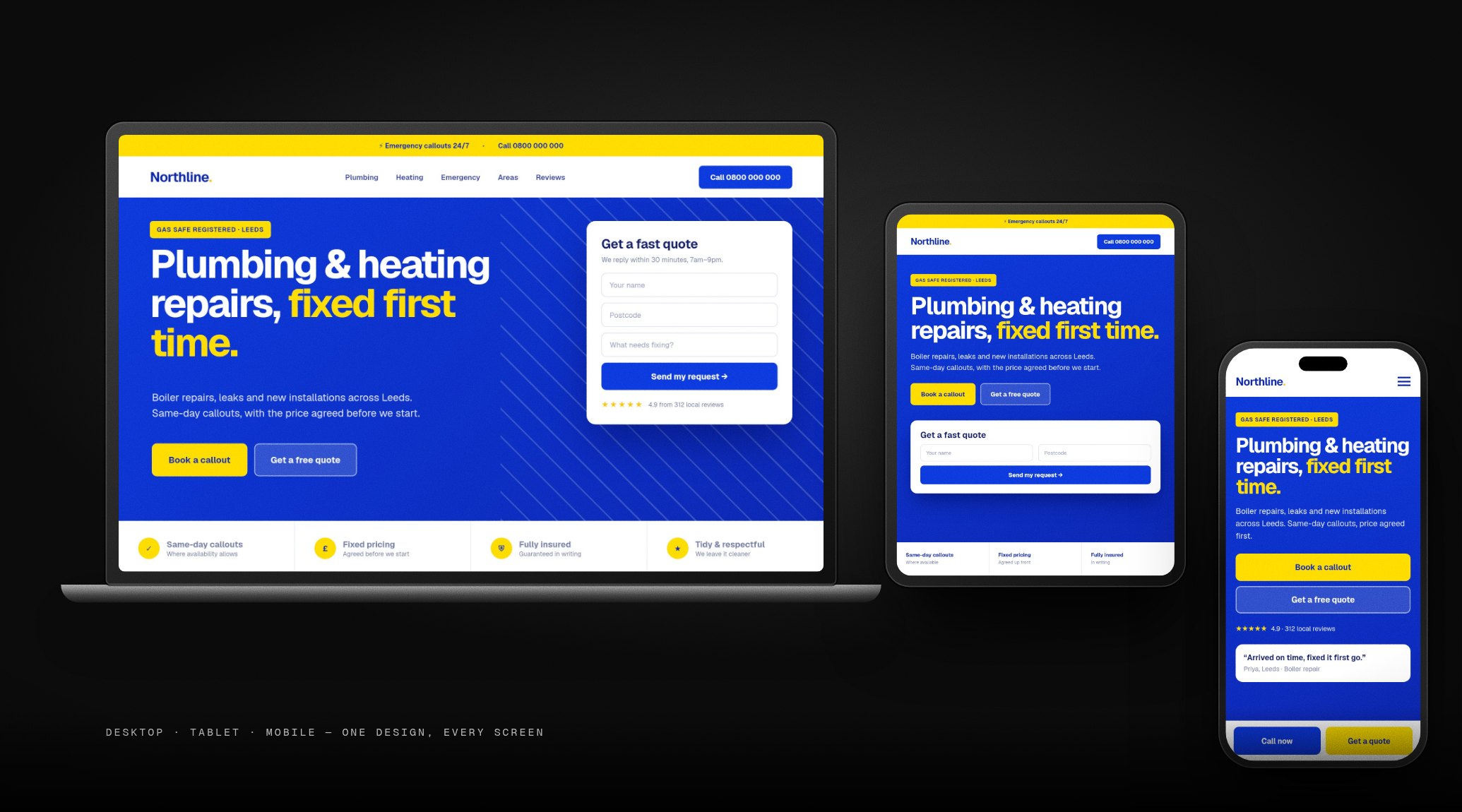 The same concept website designed for a laptop, a tablet and a phone