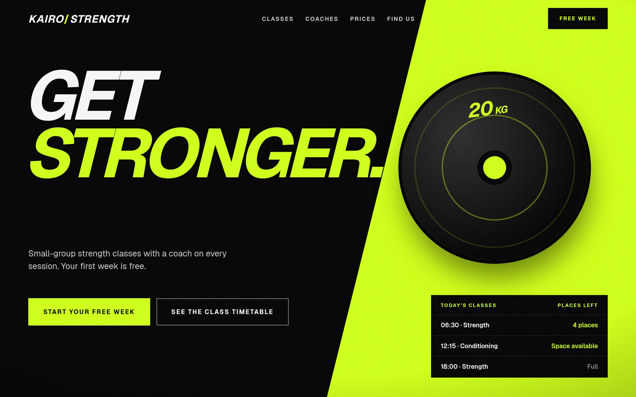 Concept website for a strength gym with oversized type, barbell imagery and a live class timetable