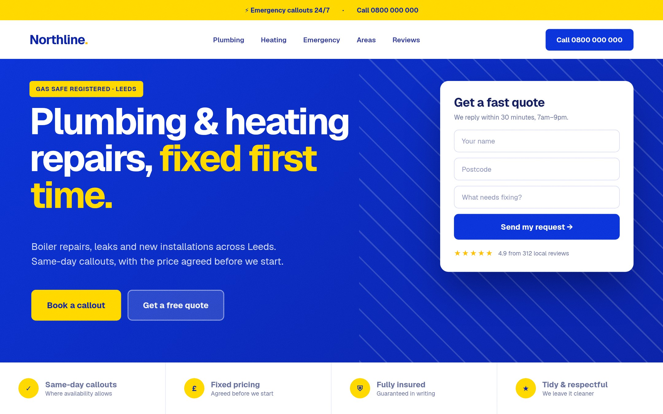 Concept website for a plumbing company with a bold headline, call-to-action buttons and trust points