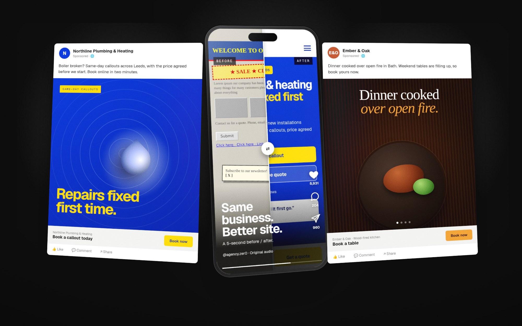 A Meta feed ad, a before-and-after short-form video and a carousel ad from one concept launch campaign