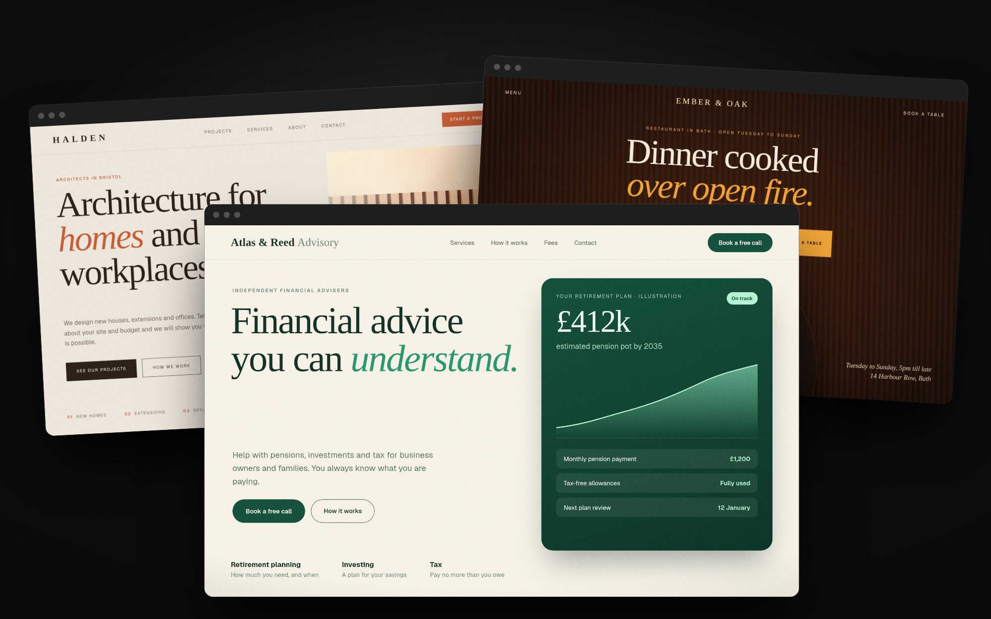 Three concept websites side by side: an editorial architecture studio, a moody restaurant and a calm financial advisory firm