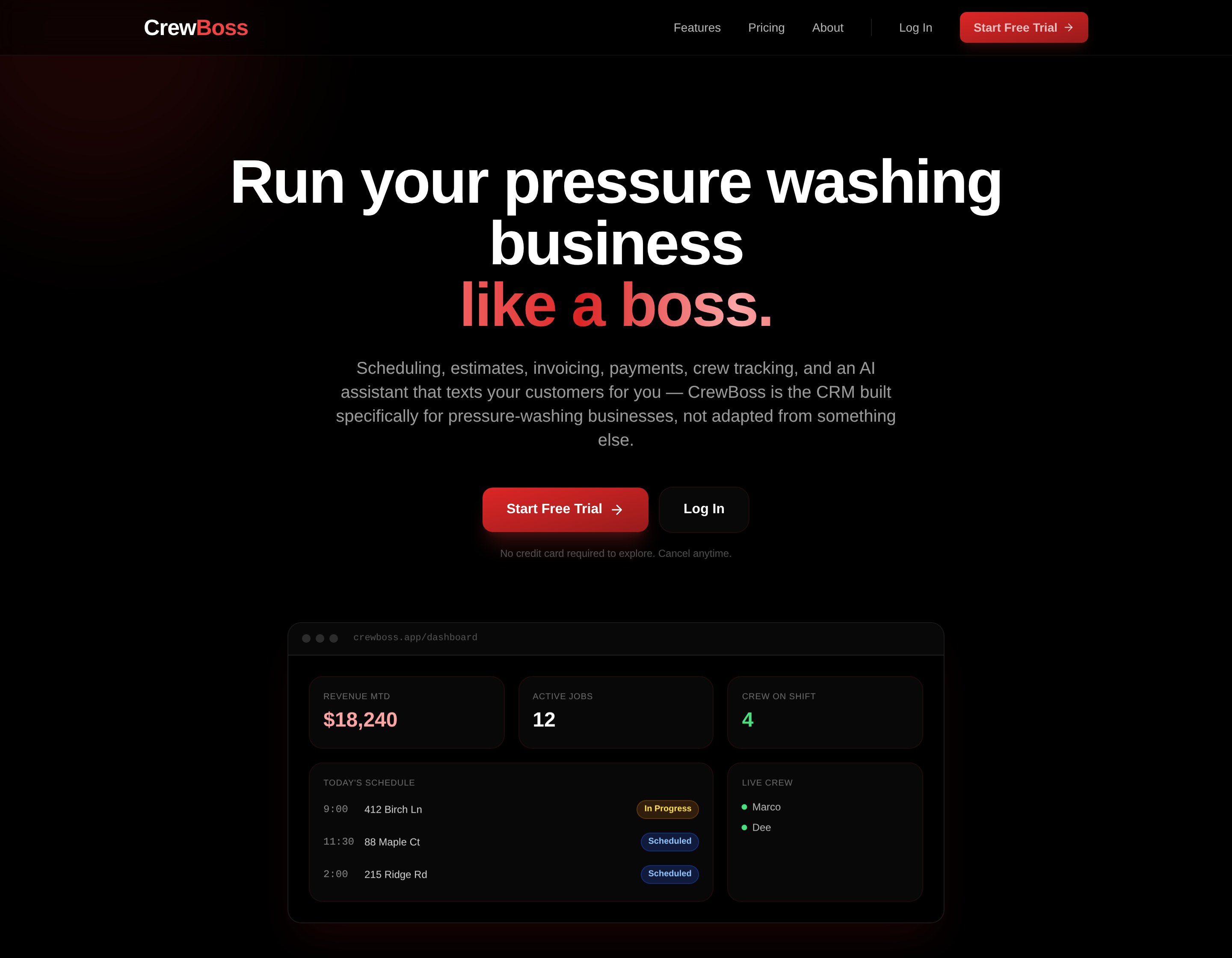 CrewBoss home page: "Run your pressure washing business like a boss" above the owner dashboard with revenue, active jobs, crew on shift and today's schedule
